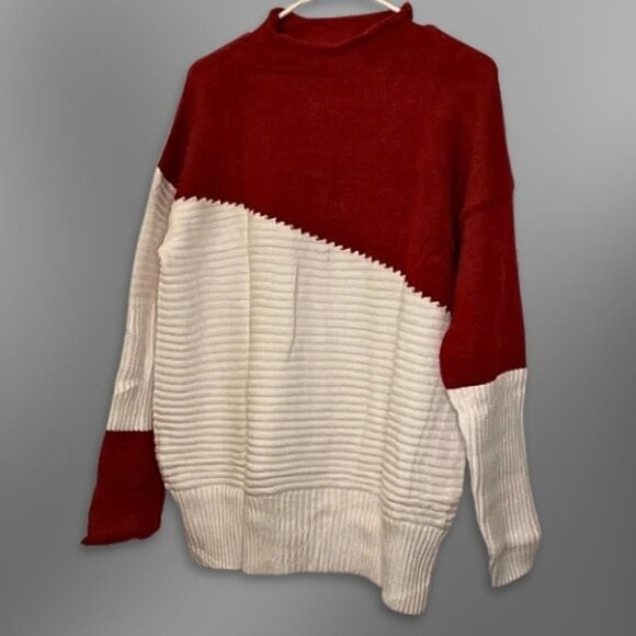 Ribbed Knit Sweater Crew Neck Durable Fabric Blend Color Block Burgundy/White L - Picture 1 of 6